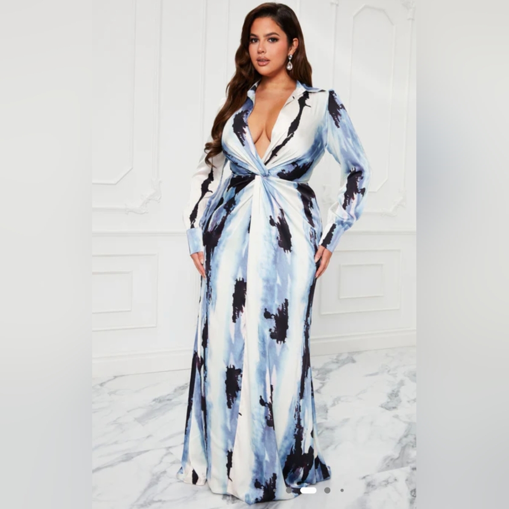 Blue and Black Women's Maxi Dress With Slit